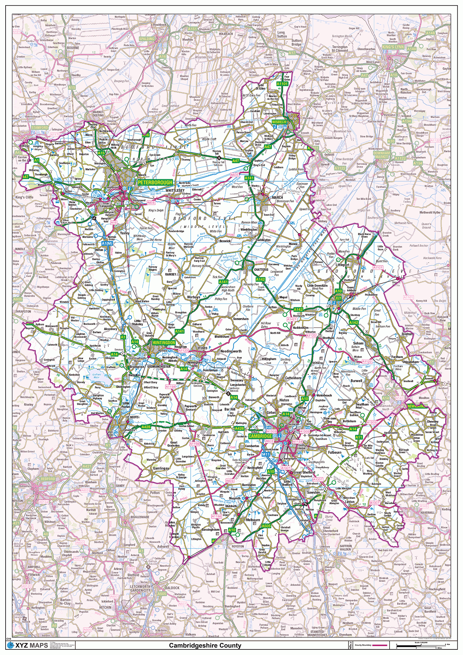 Cambridgeshire County Map - (CY5) – XYZ Maps