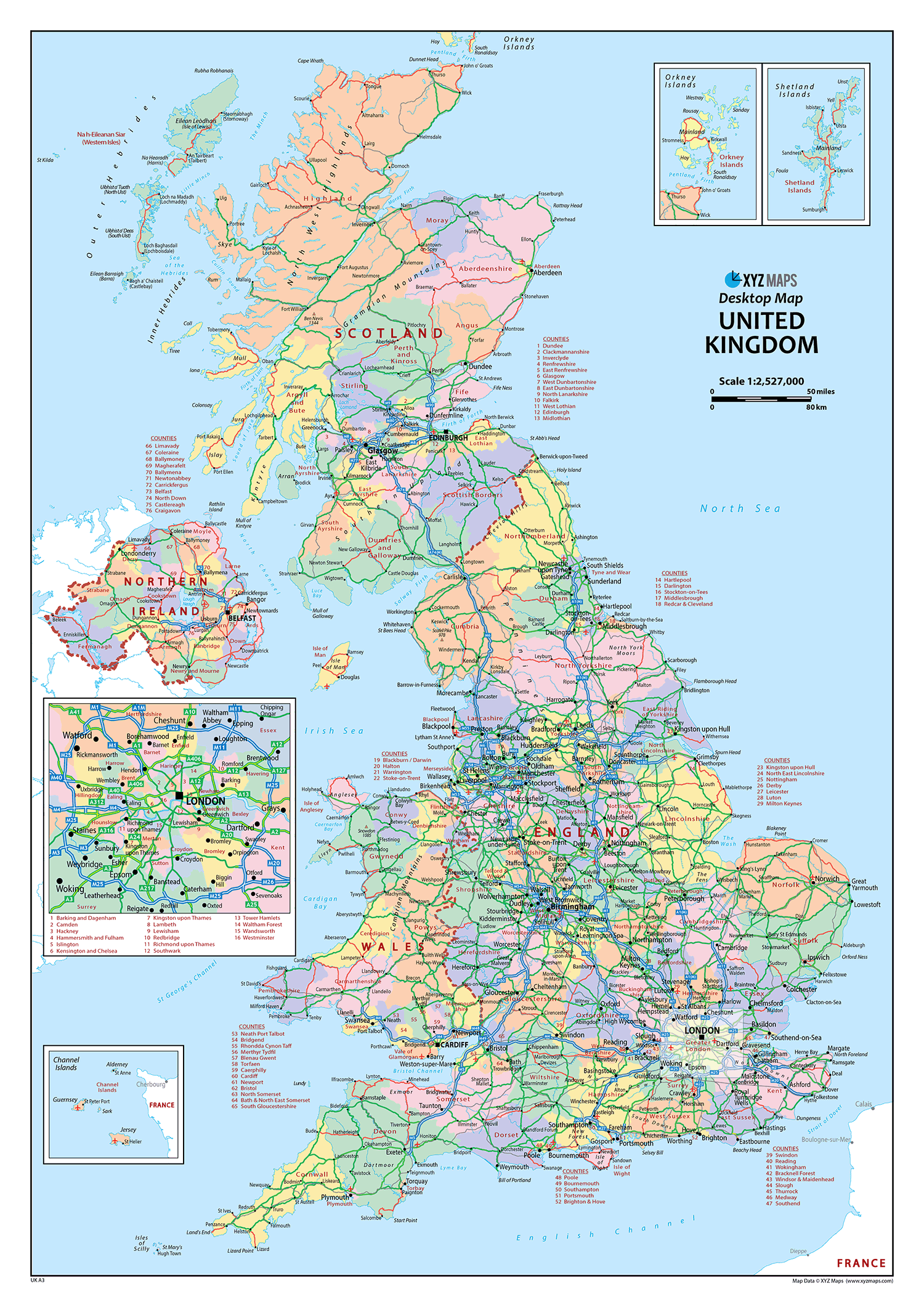 United Kingdom Political   Desktop Map, A3 Size