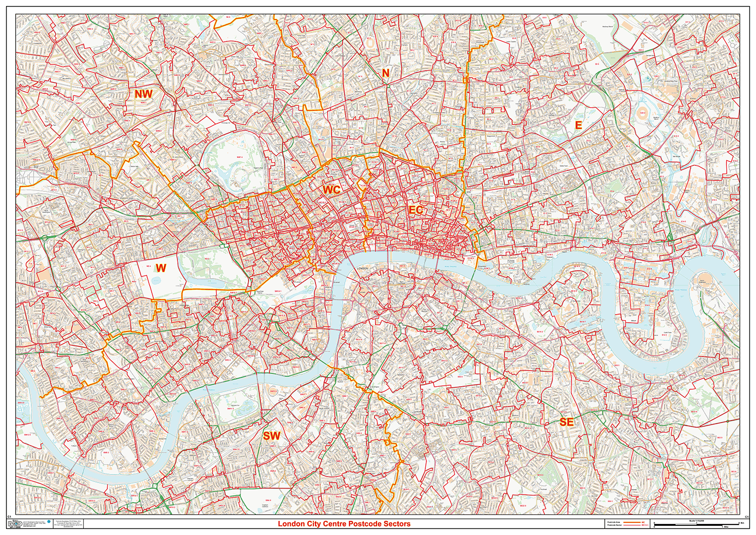 London City Centre Postcode Sectors Wall Map - (C1)