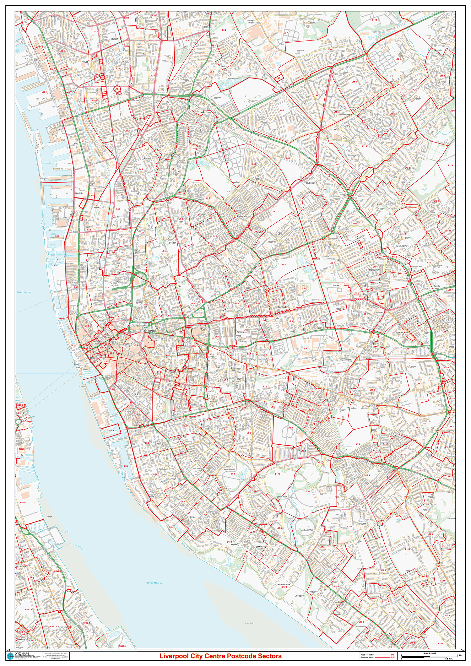 Random Liverpool Post Code Liverpool City Centre Postcode Sectors Wall Map (C2) – XYZ Maps
