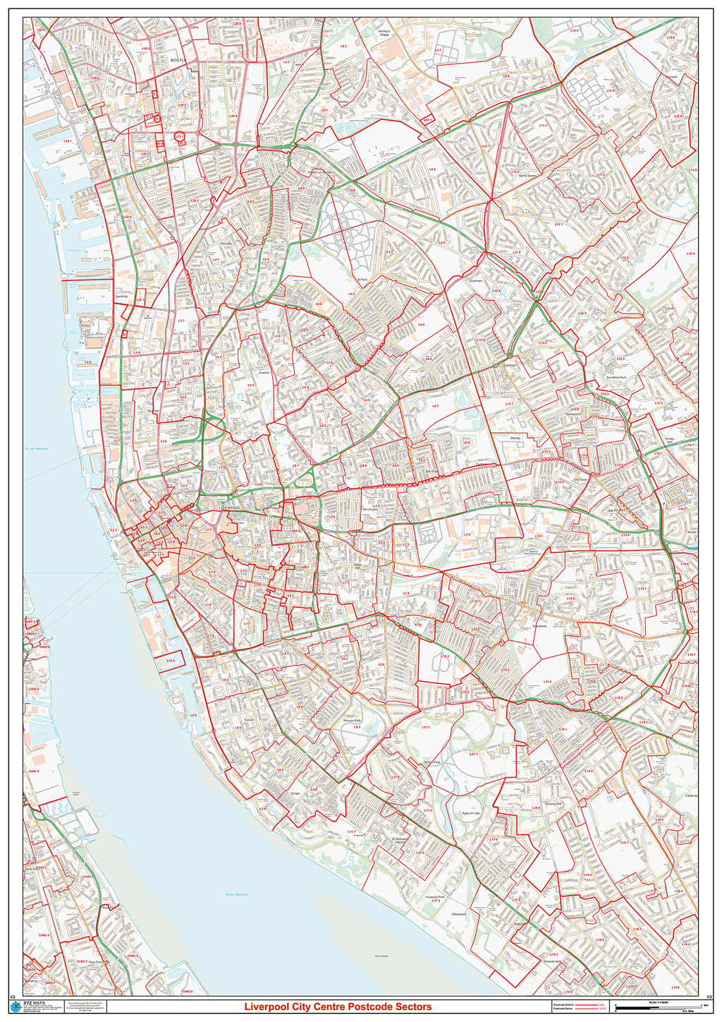 Liverpool Address Postcode Liverpool City Centre Postcode Sectors Wall Map (C2) – XYZ Maps