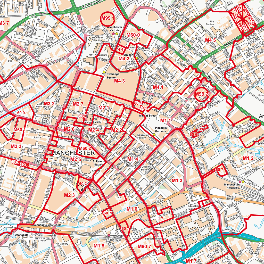 Manchester City Centre Postcode Sectors Wall Map - (C3)