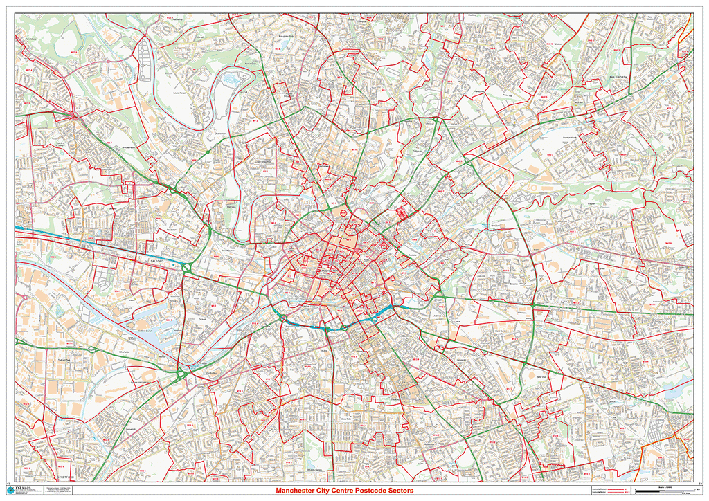 Manchester City Centre Postcode Sectors Wall Map - (C3)