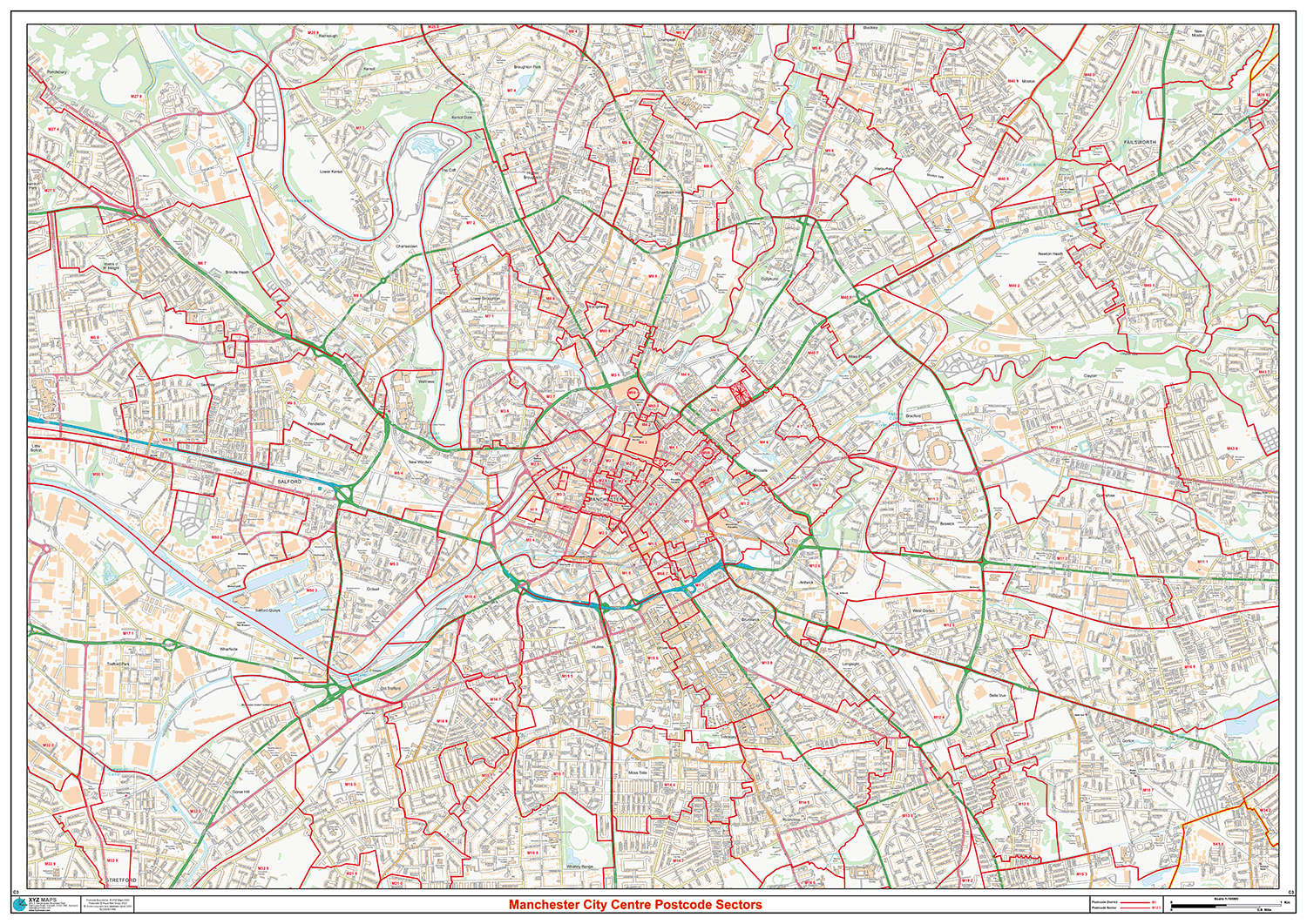 Manchester City Centre Postcode Sectors Wall Map - (C3)