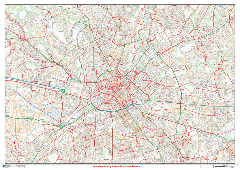 Manchester City Centre Postcode Sectors Wall Map (C3) – XYZ Maps