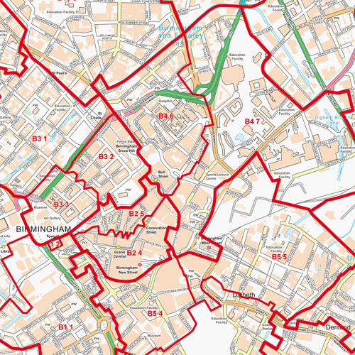 Birmingham City Centre Postcode Sectors Wall Map - (C4)
