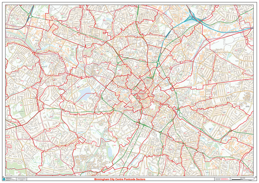 Birmingham City Centre Postcode Sectors Wall Map - (C4)