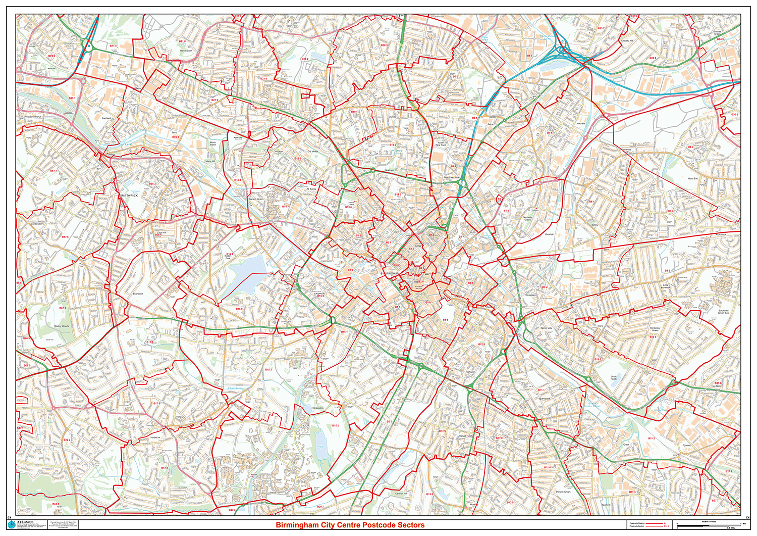 Birmingham City Centre Postcode Sectors Wall Map - (C4)