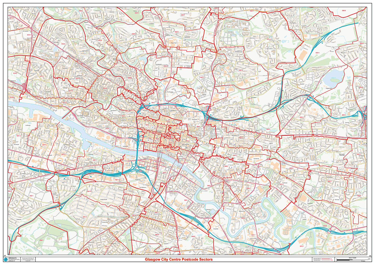 Glasgow City Centre Postcode Sectors Wall Map C5 XYZ Maps C5 Glasgow Sectors 2025 