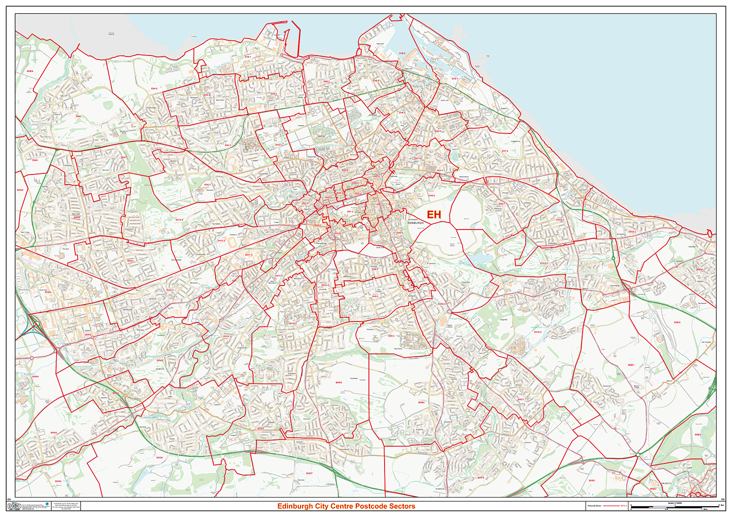 Edinburgh City Centre Postcode Sectors Wall Map - (C6)