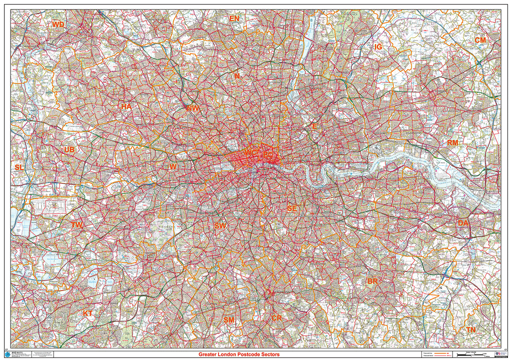Greater London Postcode Sectors Wall Map - (C7)