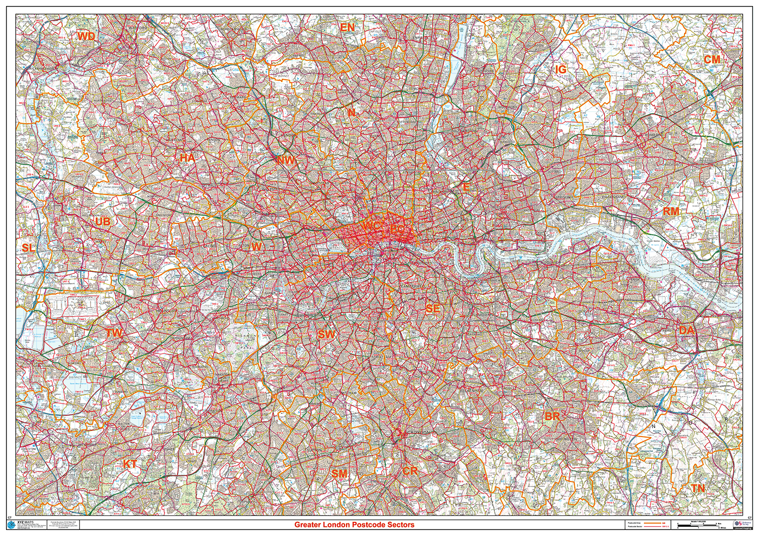 Greater London Postcode Sectors Wall Map - (C7)