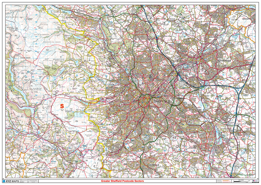 Greater Sheffield Postcode Sectors Wall Map- (C8)
