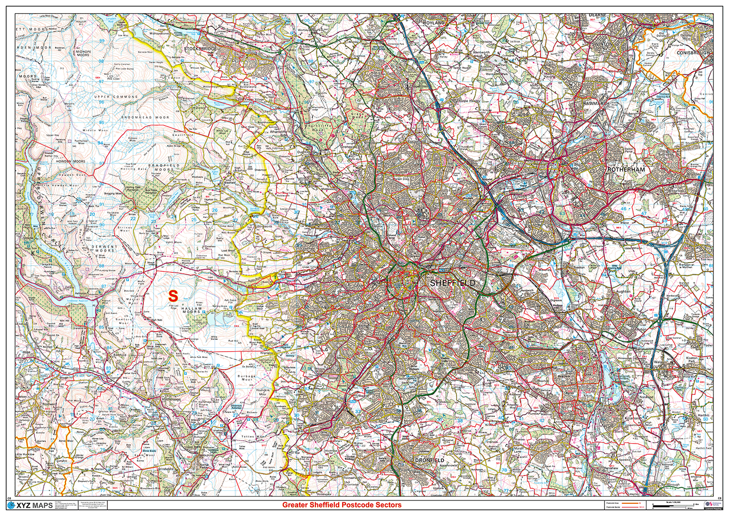 Greater Sheffield Postcode Sectors Wall Map- (C8)