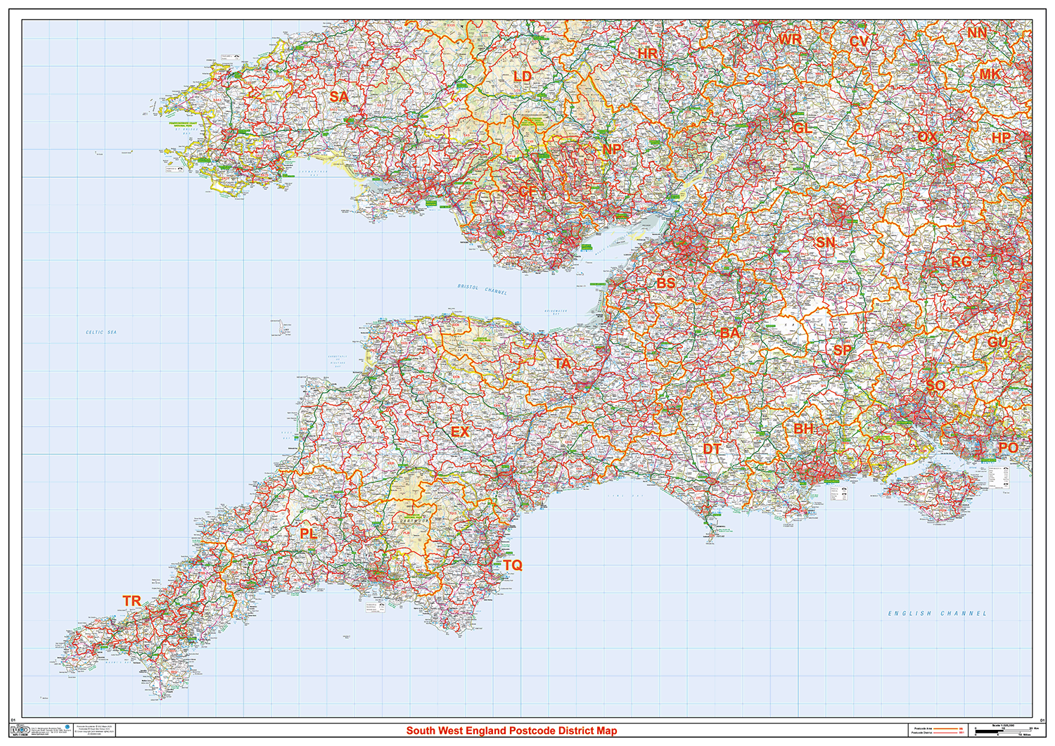 Sr Postcode Map Uk South West England Postcode District Wall Map - (D1) – XYZ Maps