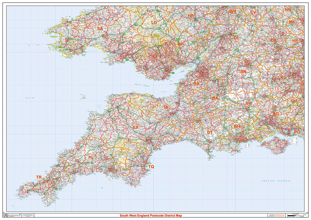 South West England Postcode District Wall Map - (D1)