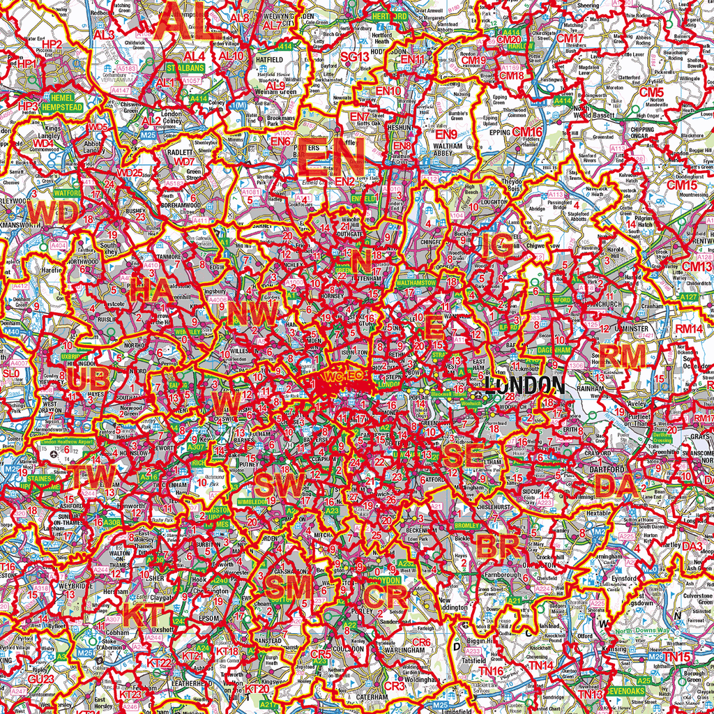 South East England Postcode District Wall Map - (D2)