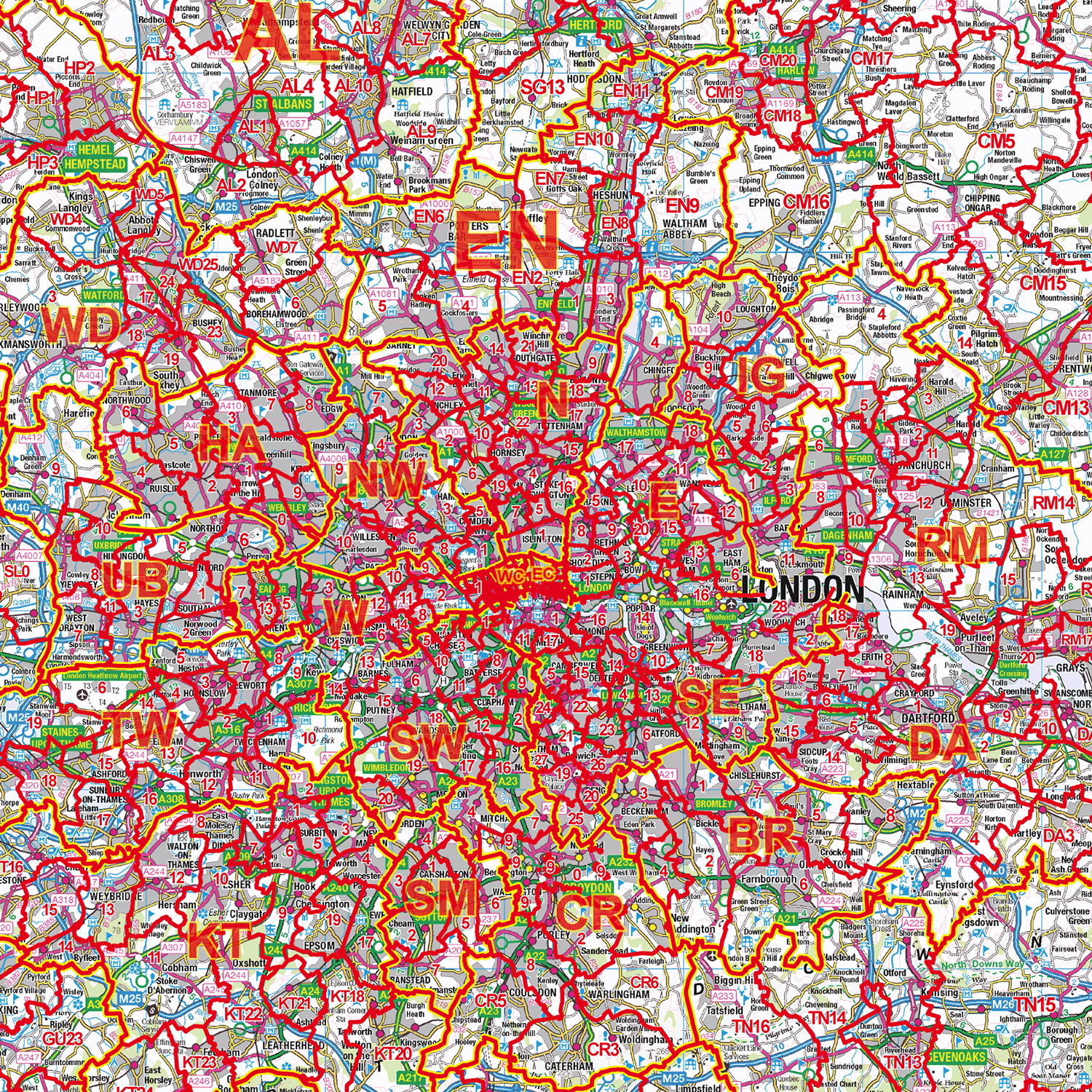 South East England Postcode District Wall Map - (D2)
