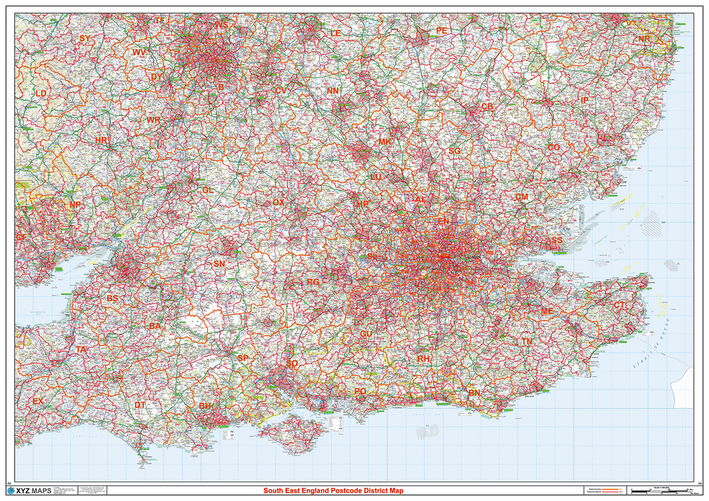 South East England Postcode District Wall Map - (D2)