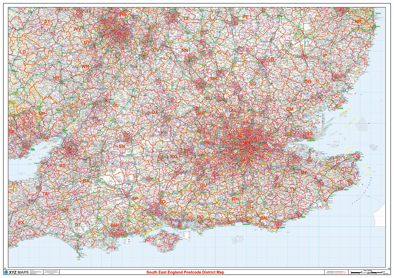 South East England Postcode District Wall Map - (D2)