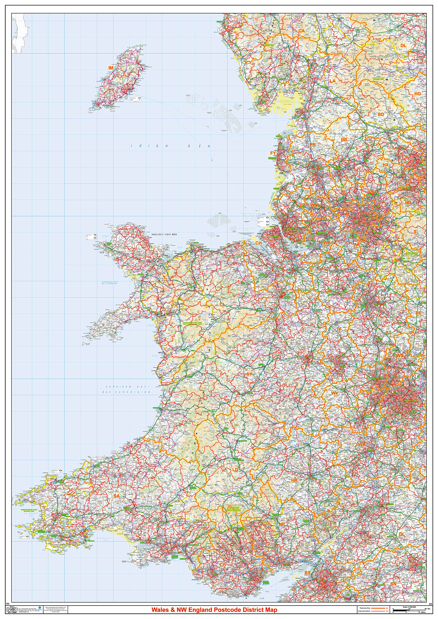 Wales Postcode District Wall Map - (D3)