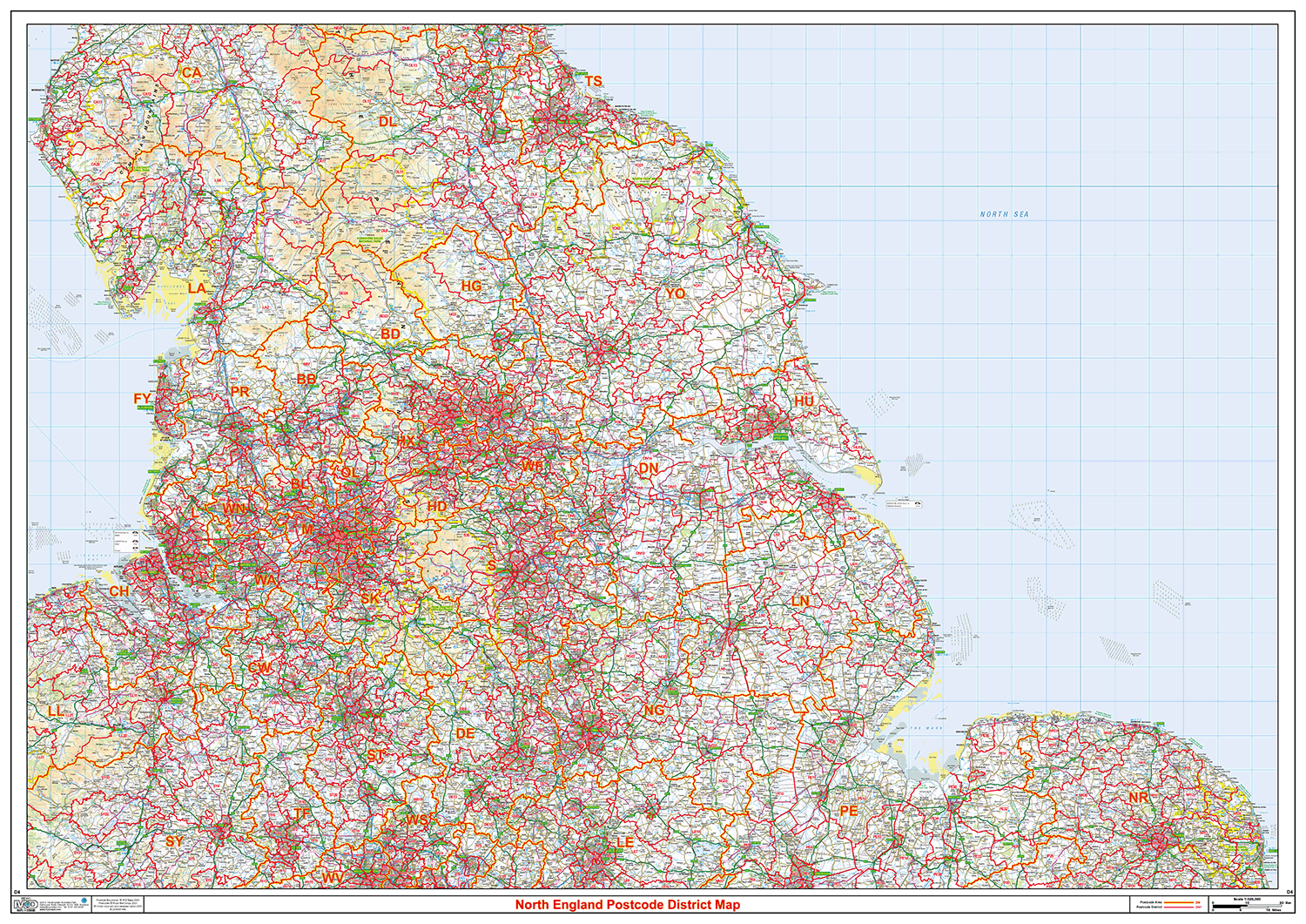North England Postcode District Wall Map (D4) – XYZ Maps