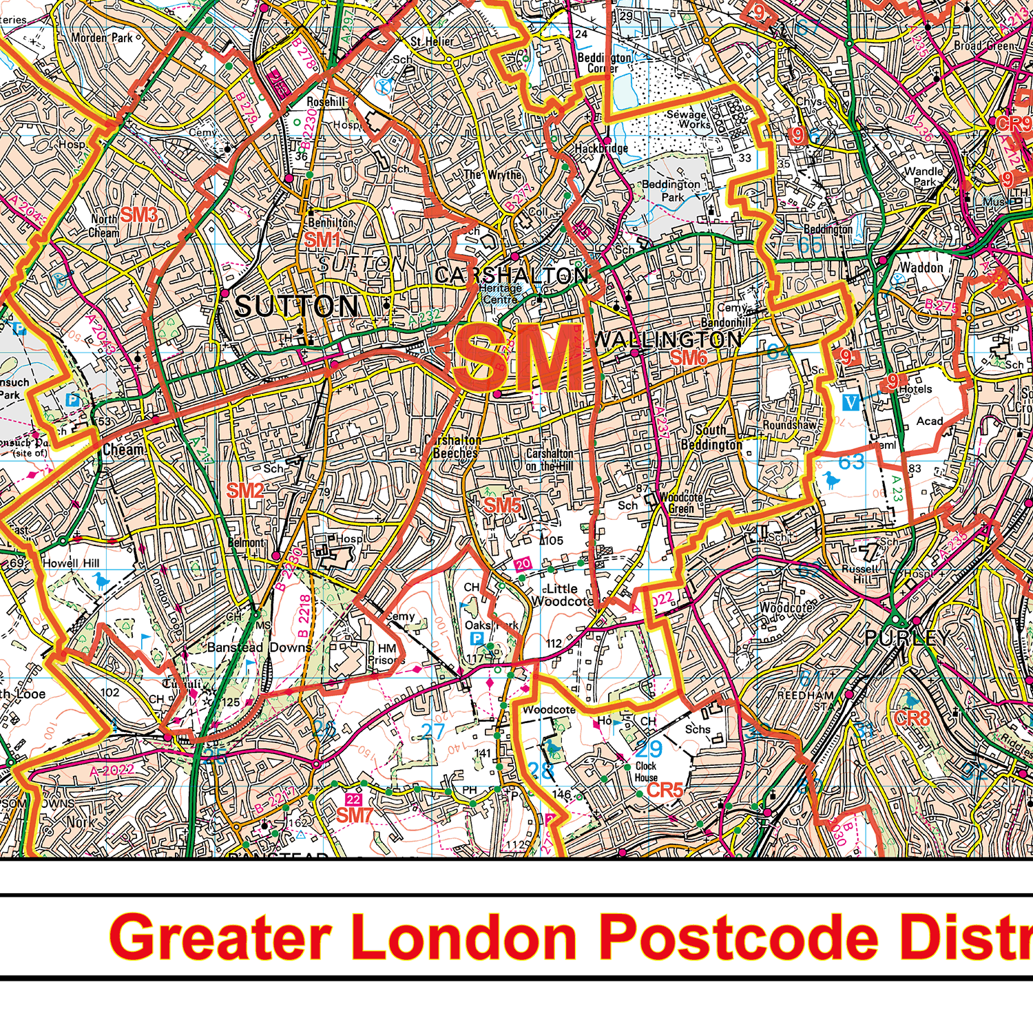 Greater London Postcode Districts Wall Map (D7) – XYZ Maps