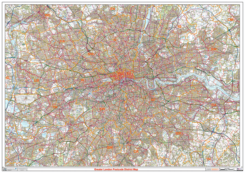Greater London Postcode Districts Wall Map - (D7)