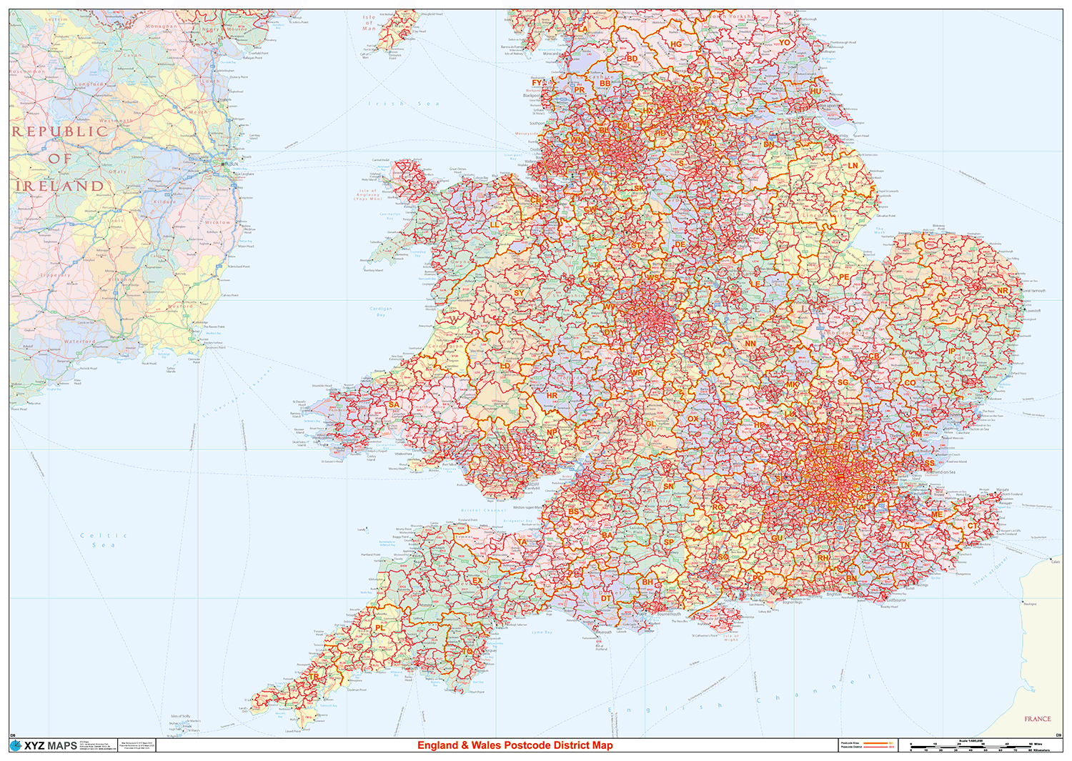 England & Wales Postcode District Wall Map - (D9)