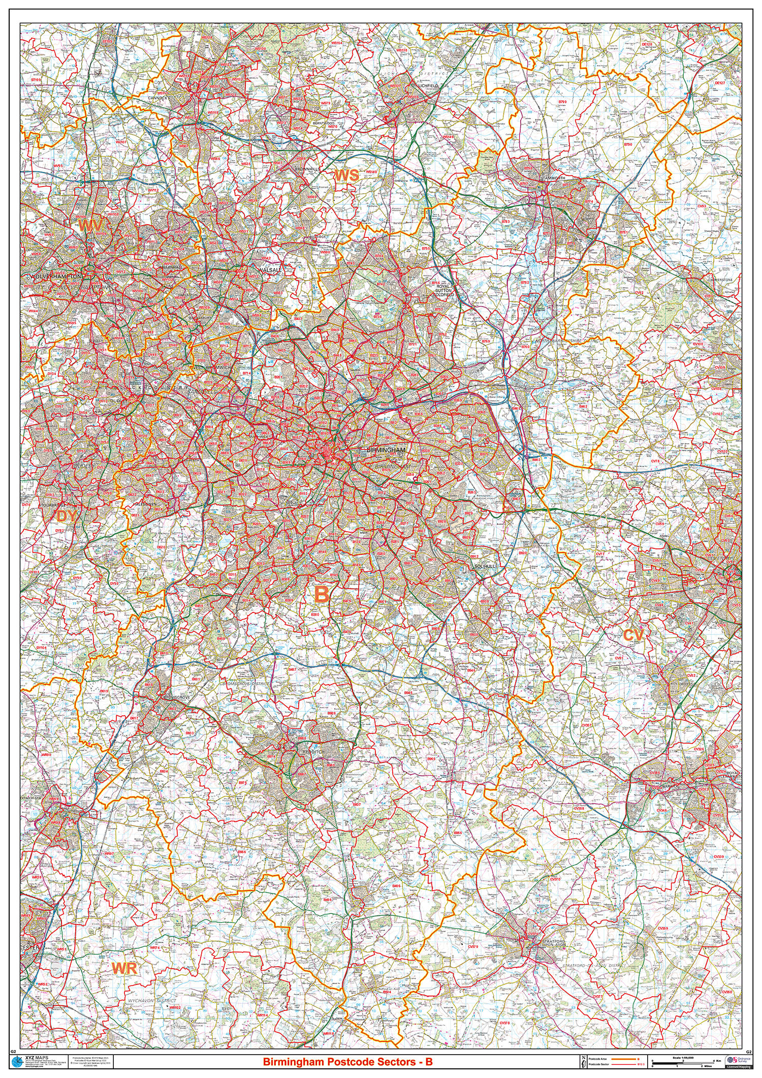 Birmingham - B- Postcode Sectors Map (G2) – XYZ Maps