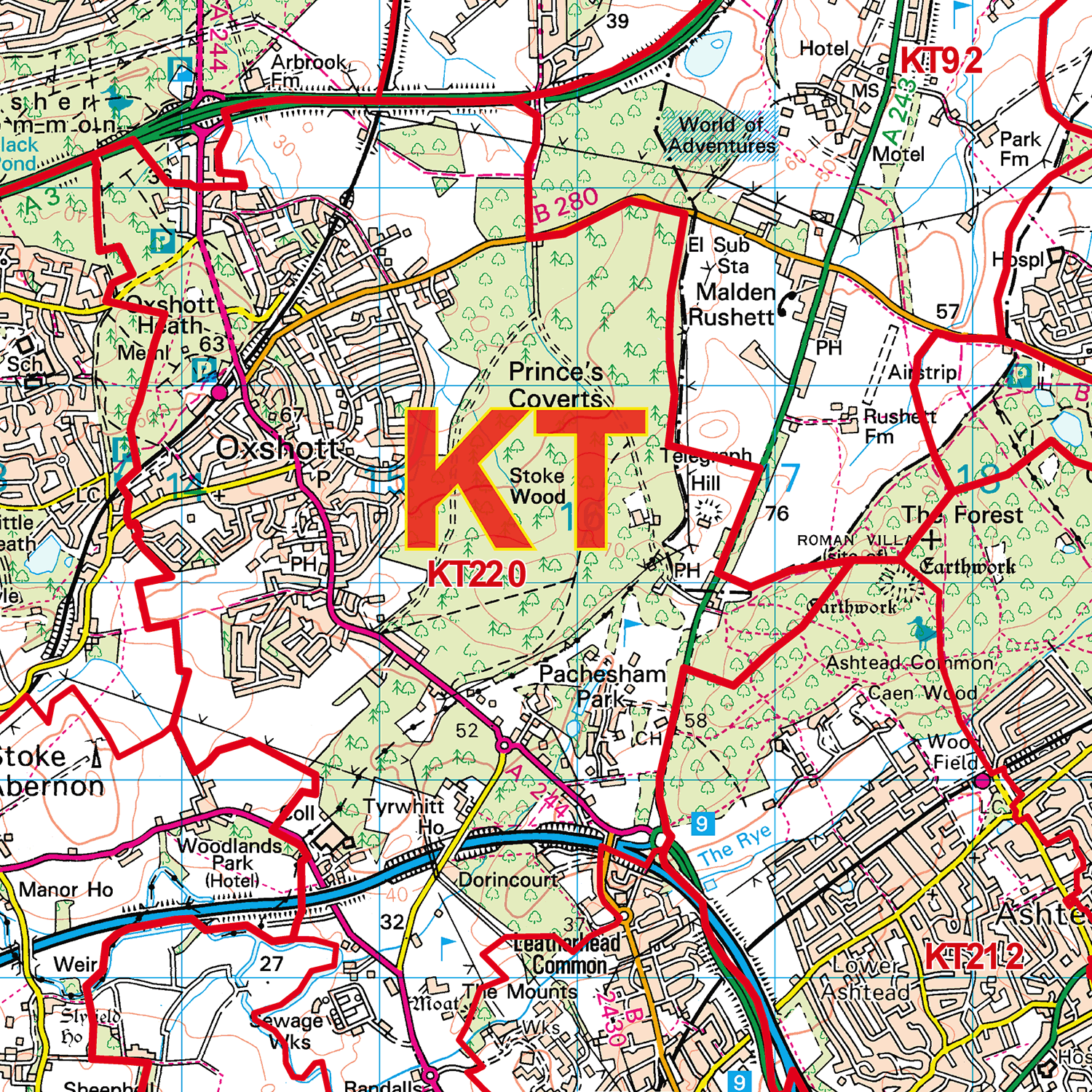 Kingston-Upon-Thames - KT- Postcode Sector Map (G87)