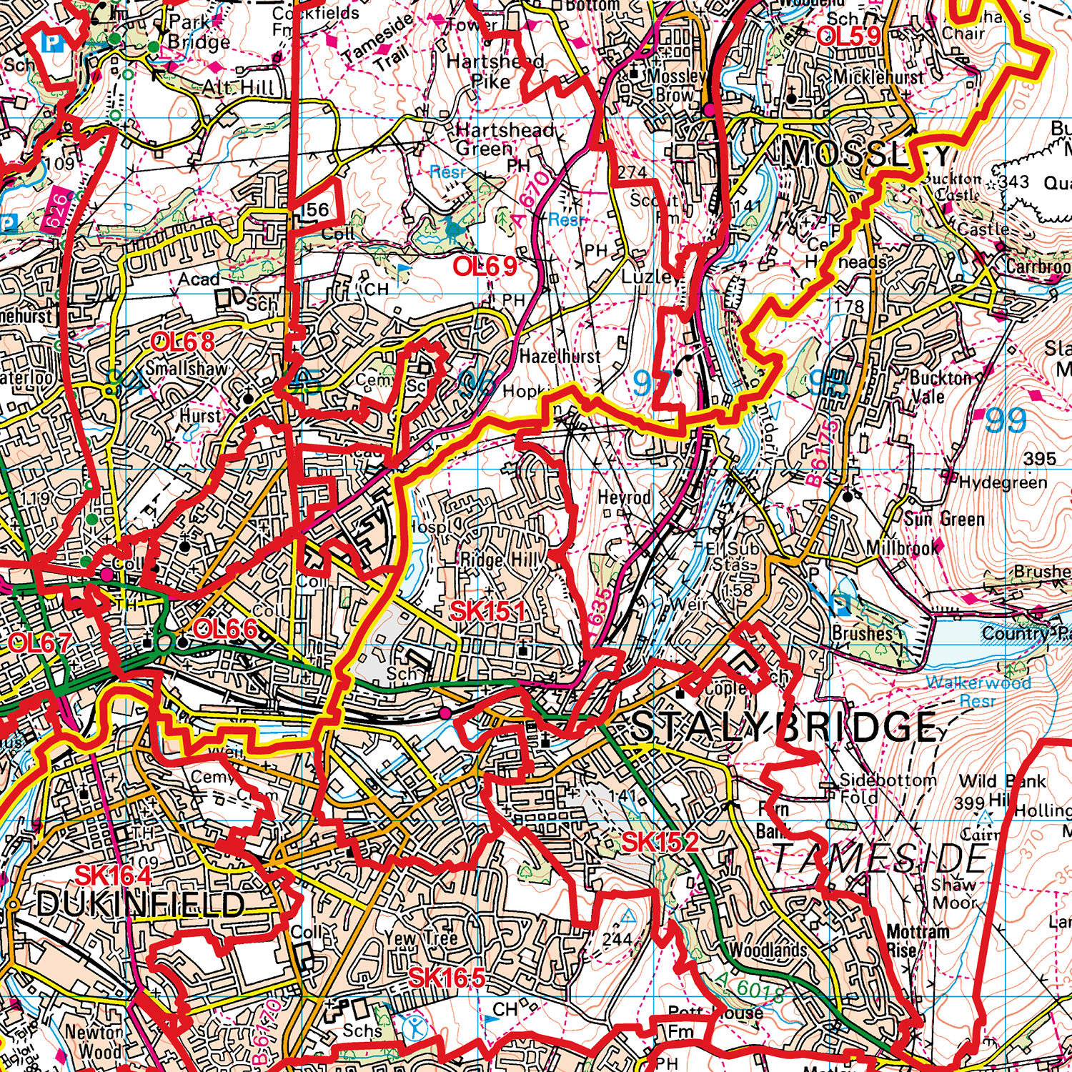 Oldham Postcode Oldham - OL - Postcode Sector Map (G98) – XYZ Maps