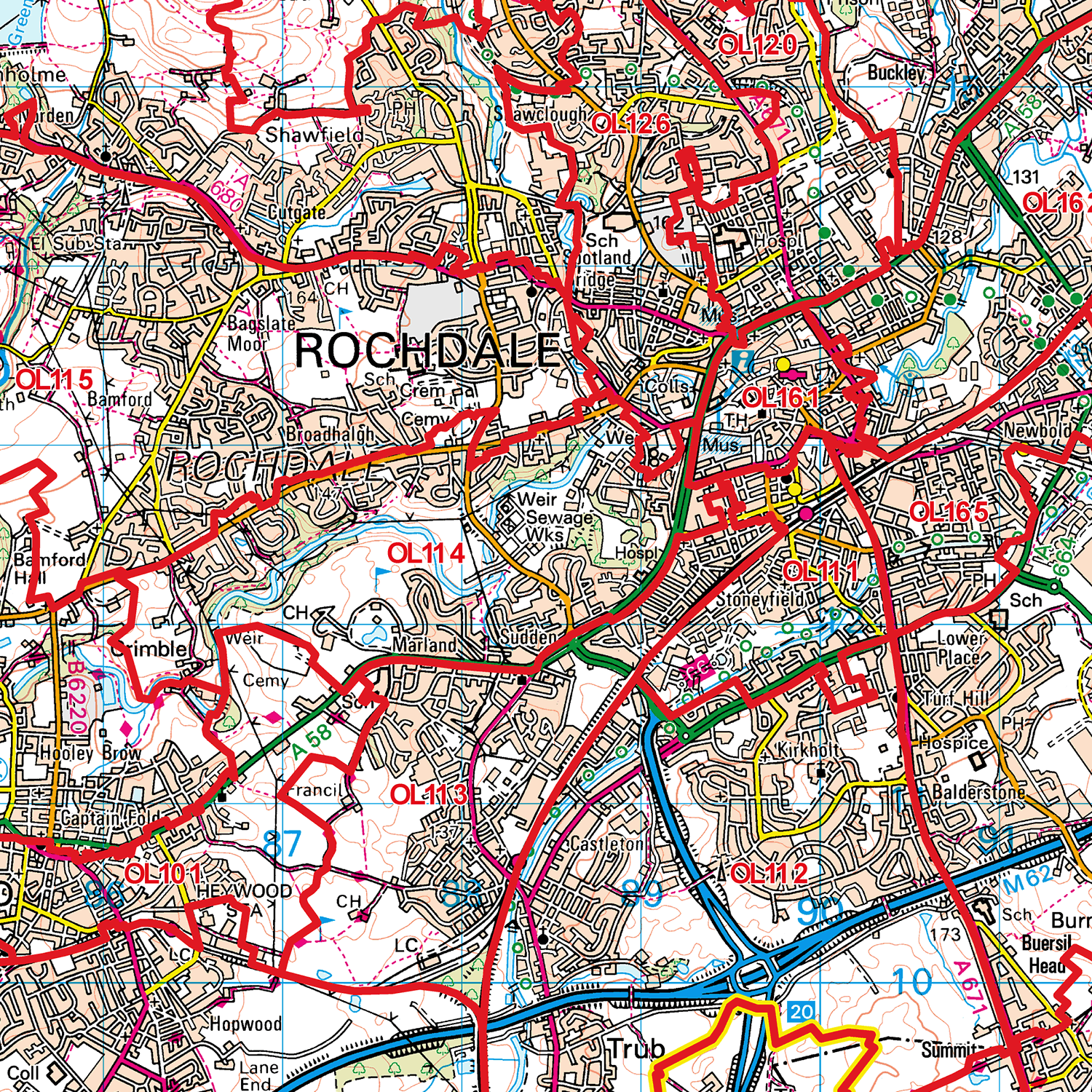Oldham Postcode Oldham - OL - Postcode Sector Map (G98) – XYZ Maps