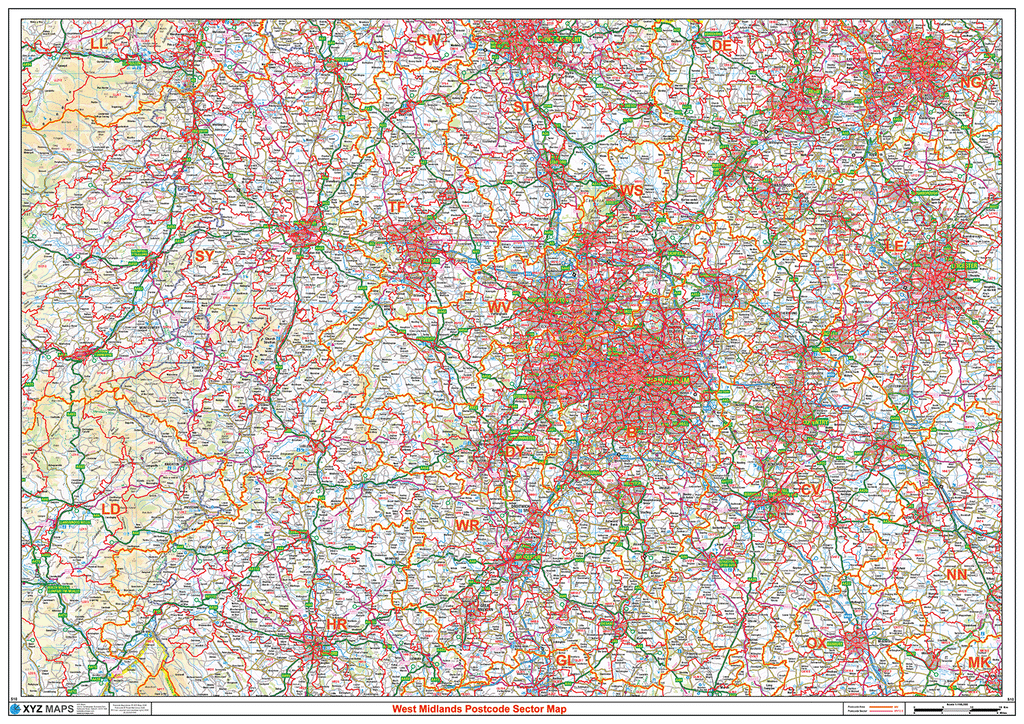 West Midlands Postcode Sector Wall Map - (S10)