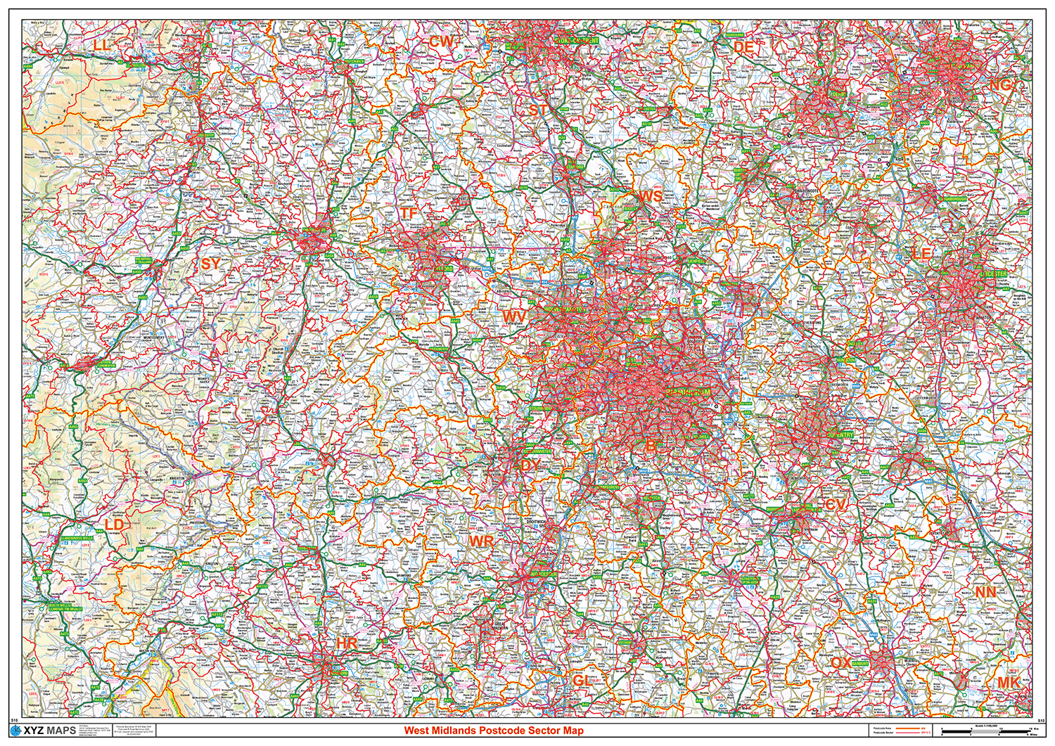 West Midlands Postcode Sector Wall Map - (S10)