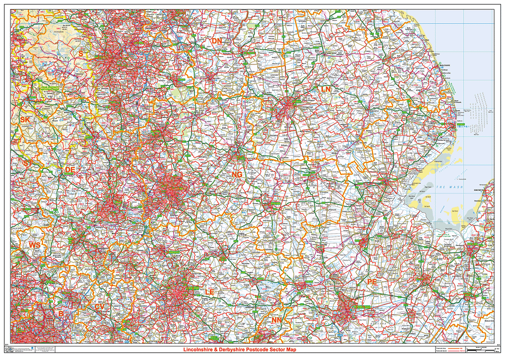 Lincolnshire & Derbyshire Postcode Sector Wall Map - (S11)