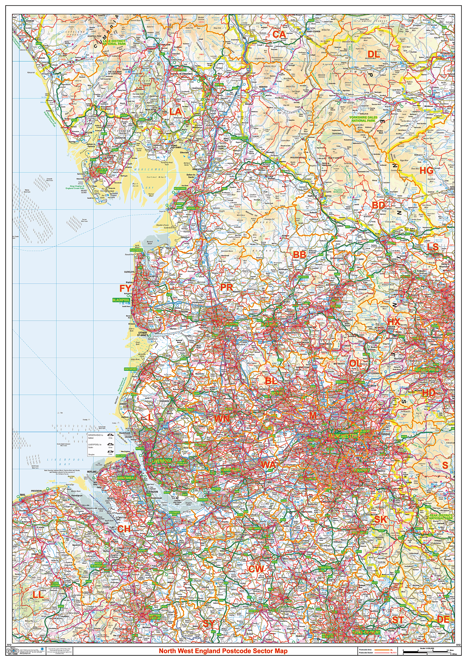 North West England Postcode Sector Wall Map - (S12)