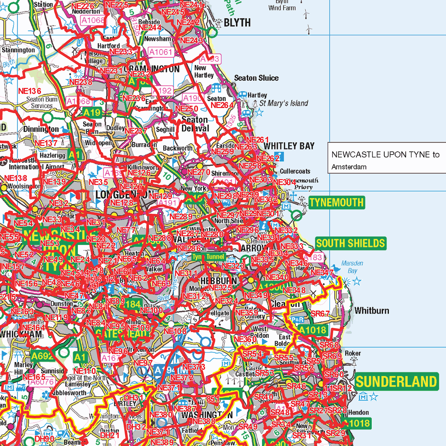 North East England Postcode Sector Wall Map - (S16)
