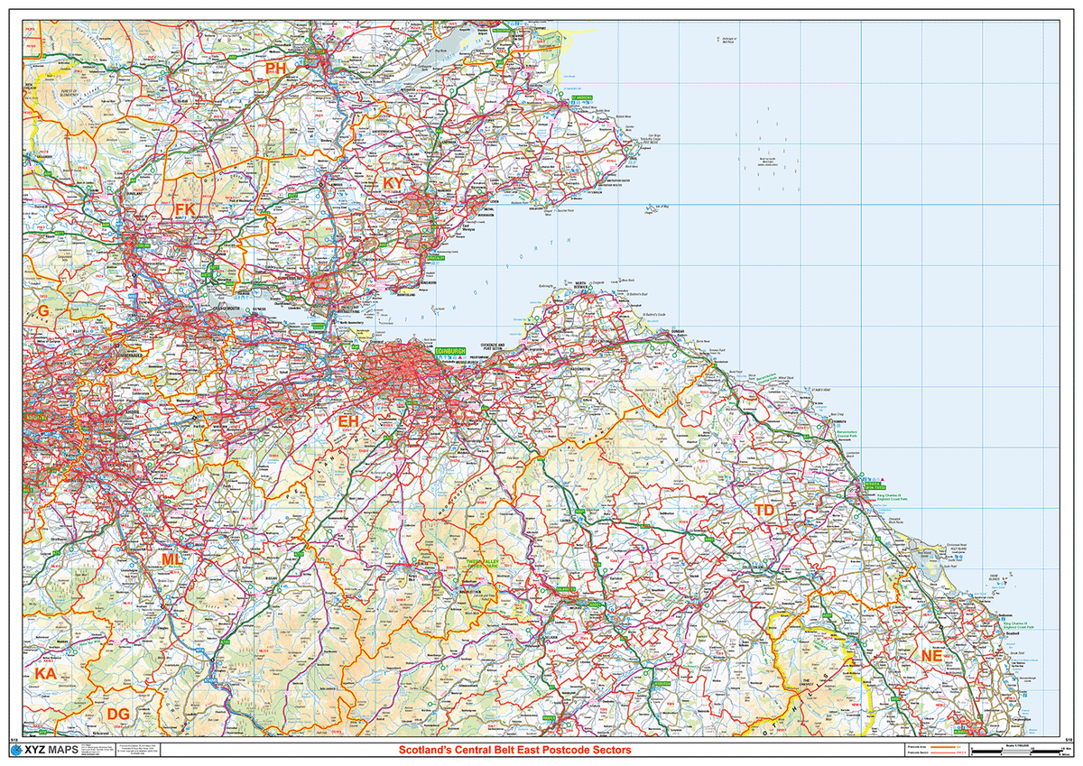 Scottish Central Belt East Postcode Sector Wall Map (S18) – XYZ Maps