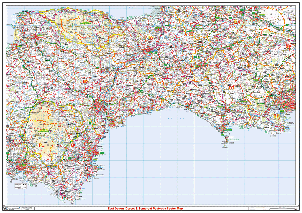 Devon, Dorset & Somerset Postcode Sector Map Wall Map - (S2)
