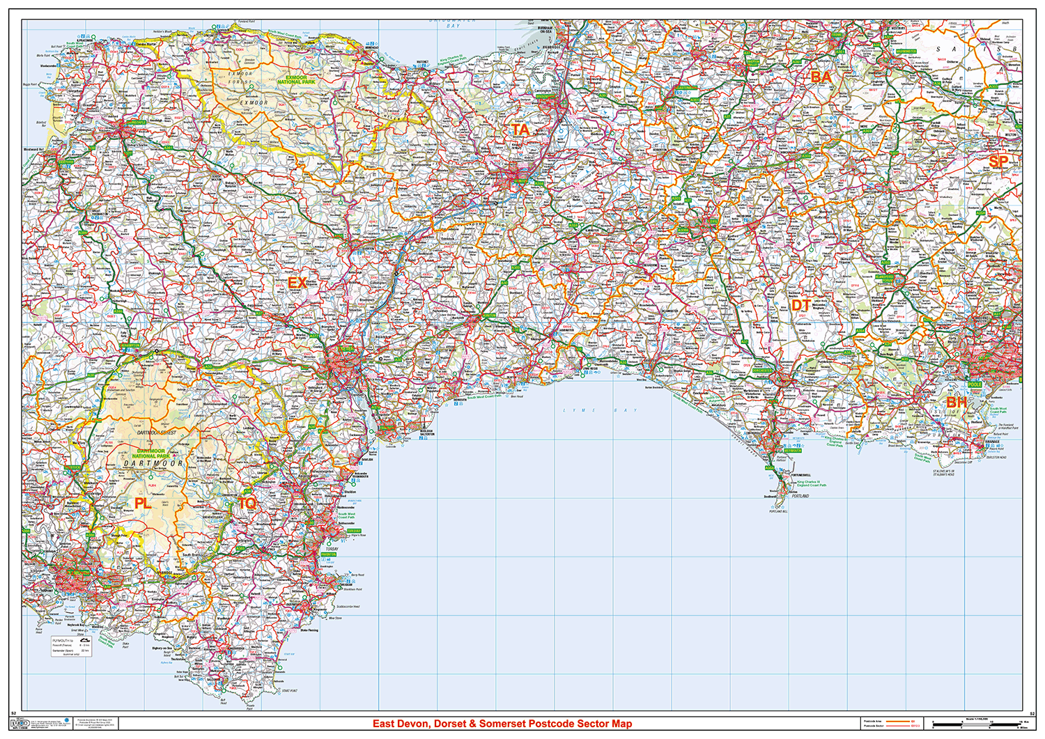 Devon, Dorset & Somerset Postcode Sector Map Wall Map - (S2)