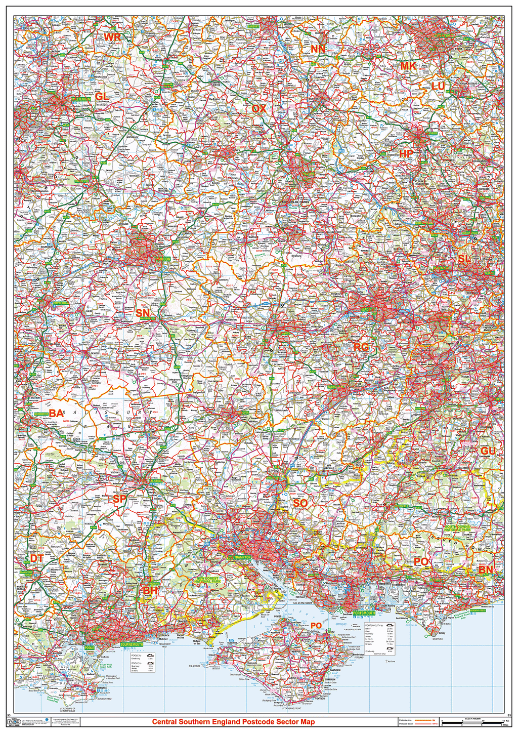 Central Southern England Postcode Sector Wall Map - (S3)