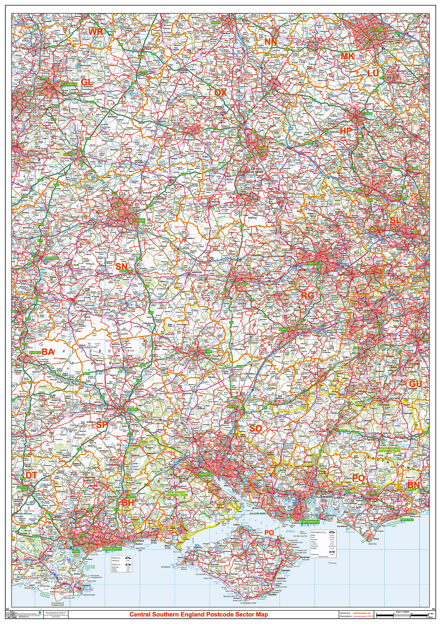 Central Southern England Postcode Sector Wall Map - (S3)