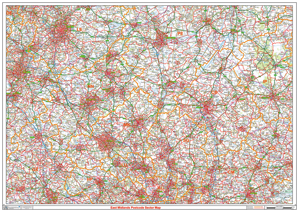 East Midlands Postcode Sector Wall Map - (S7)