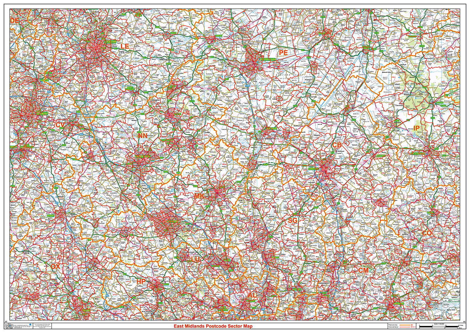 East Midlands Postcode Sector Wall Map - (S7)