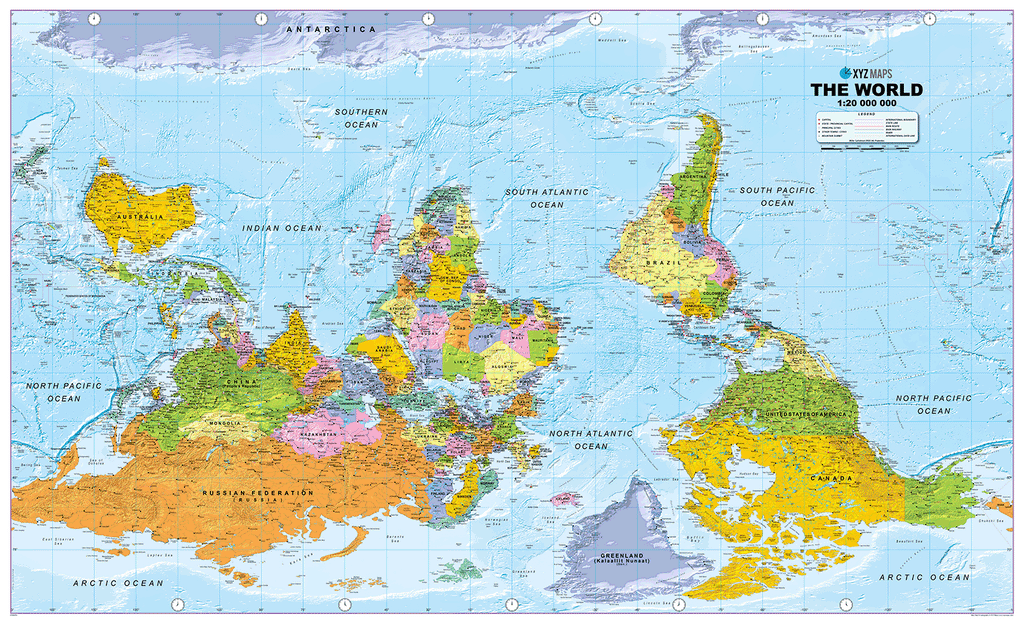 Upside Down World Political Wall Map - Huge Size: 1:20m Scale