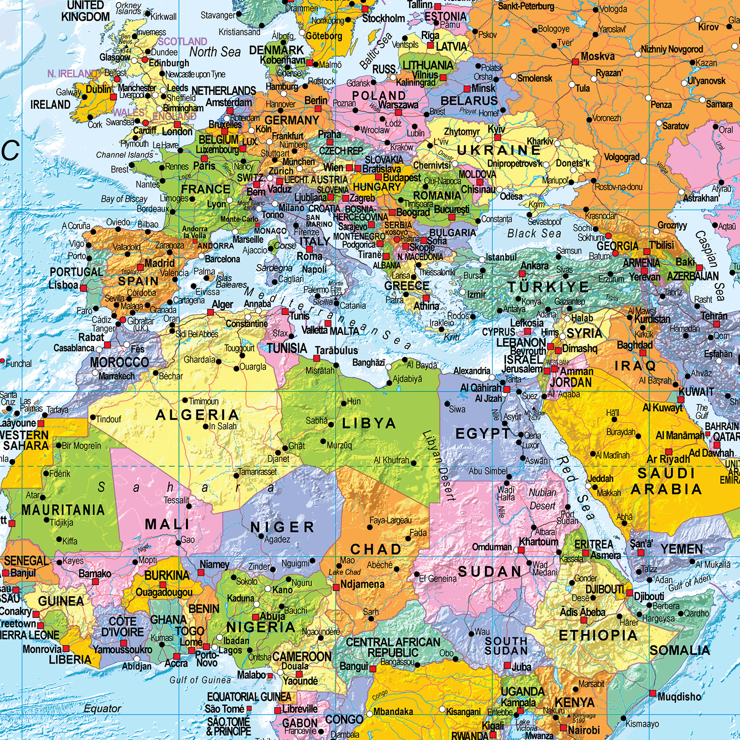 World Political Wall Map - Medium Size: 1:40m Scale