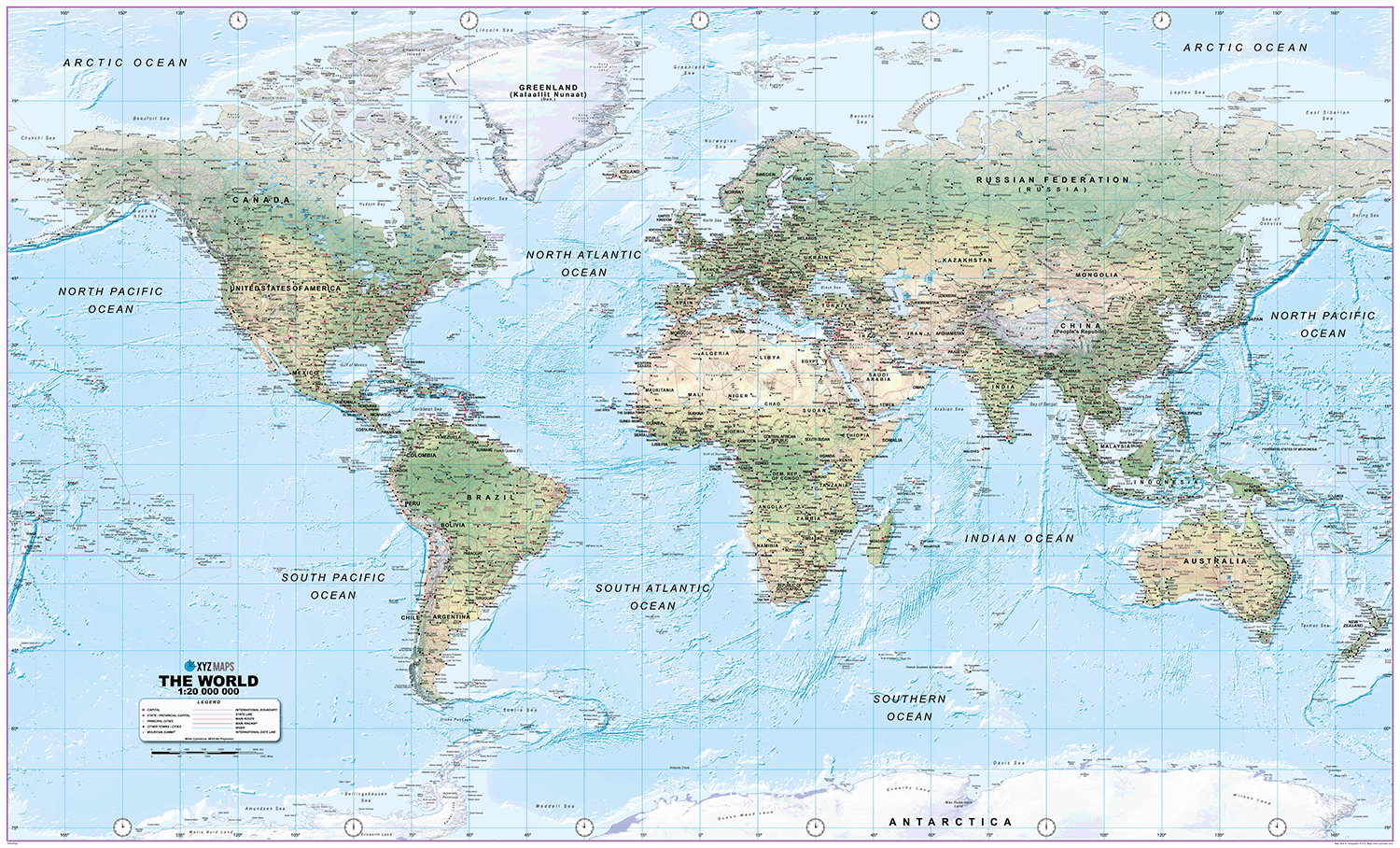 World Physical Wall Map - Huge Size: 1:20m Scale