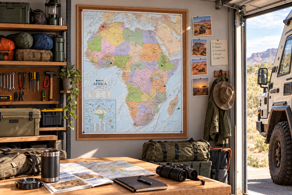 Africa push-pin travel map in a garage