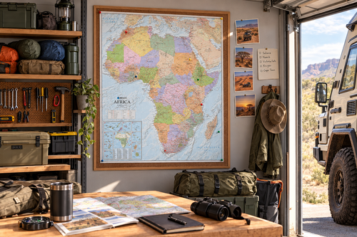 Africa push-pin travel map in a garage
